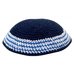 Blue Knitted Kippah with White and Light Blue Border Stripes