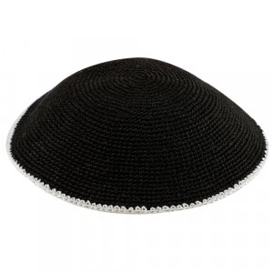 Black DMC Knitted Kippah with Thin Ivory Border Stripe