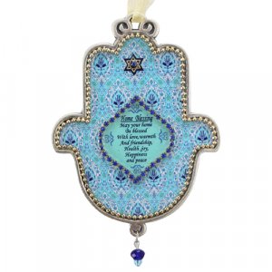 Iris Design Hand Painted Hamsa Wall Plaque, English Home Blessing - Turquoise