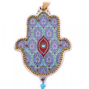 Iris Design Hamsa Wall Plaque, Beaded Floral Theme with Protective Eye - Violet