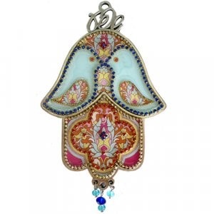 Iris Design, Dove of Peace Hamsa Wall Plaque - Turquoise and Pink Oriental Design
