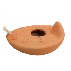 Replica of Ancient Biblical Clay Oil Lamp - Decorative Leaf Engravings