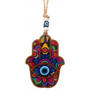 Wooden Hamsa Wall Hanging with Protection from Evil Eye - Pop Art Design