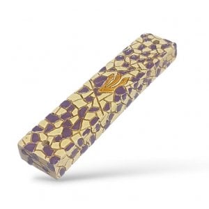 Wood Mezuzah Case with Mosaic Design – Purple and Yellow with Gold Shin