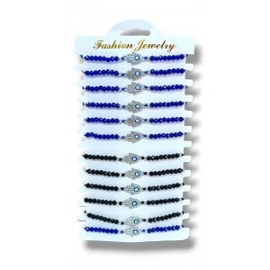 Good Luck Blue Crystals Bracelet with Blue Protective Eye Hamsa Decoration- Package of 12
