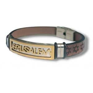 Brown Leather Bracelet, Stars of David - Center Plaque with Jerusalem in Gold