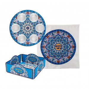 Dorit Judaica 3-Piece Pesach Set with Plate & Cover & Tray - Blue Orange Mandala