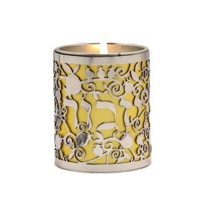 Yair Emanuel Yahrzeit Memorial Candle Holder, Yizkor & Pomegranates Cutout  Gold