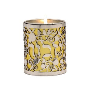 Yair Emanuel Yahrzeit Memorial Candle Holder, Yizkor & Pomegranates Cutout – Gold