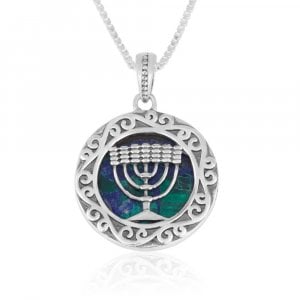 Sterling Silver Pendant Necklace, Eilat Stone and 7-Branch Menorah - Swirl Frame