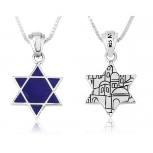 Sterling Silver Pendant Necklace - Blue Enamel on Silver Star of David - Jerusalem on Back
