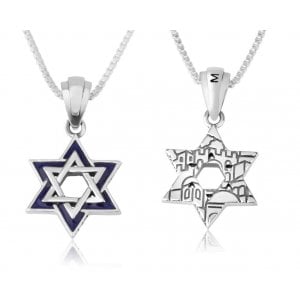 Sterling Silver Pendant Necklace - Blue Enamel on Silver Star of David - Jerusalem on Back