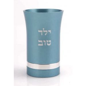 Agayof Small Kiddush Cup with a Silver Band and Yeled Tov (Good Boy)  Teal