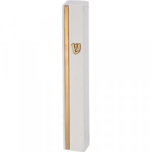 Smooth Stone-Like White Mezuzah Case with Gold Stripe and Gold Shin