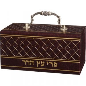 Dark Brown Decorative Box-Shaped Etrog Holder, Ornate Handle - Faux Leather