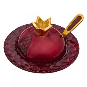 Colorful Pomegranate Shaped Honey Dish with Lid and Spoon and Matching Plate