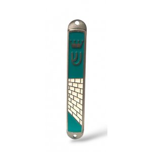 Small Metal Mezuzah Case, Western Wall and Crown Image - Blue Green Enamel