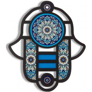 Dorit Judaica Modern Hamsa in Stained Glass Art Style � Floral Design in Blue