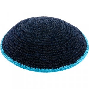 DMC Knitted Kippah in Dark Blue with Light Blue Border