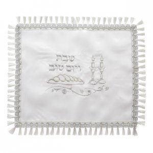 White Satin Challah Cover, Silver Embroidery - Shabbat Table Design