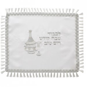 White Satin Challah Cover, Silver Embroidery - Kiddush Design