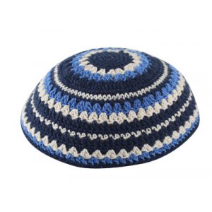 Knitted Kippah with Blue, Light Blue and Beige Stripes