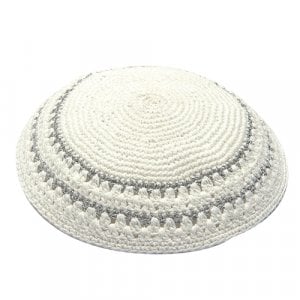 White Knitted Kippah with Large Stitch Silver Stripes