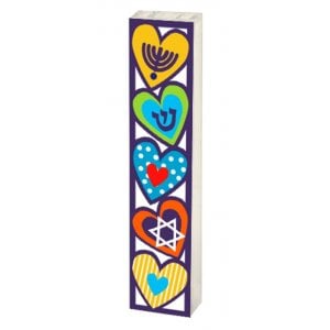 Dorit Judaica Acrylic Mezuzah Case - Colorful Heart, Star of David & Menorah