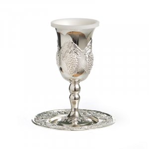 Silver Plated Stem Kiddush Cup and Matching Plate with Grapes Design - 6.3 Height