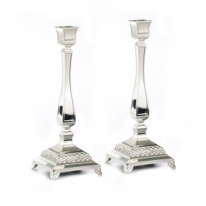 Tall Silver Plated Classic Square Candlesticks, Diamond Design - 14.1" Height