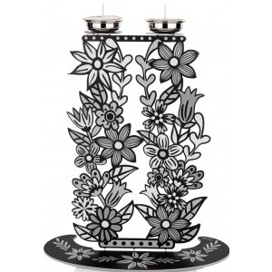 Dorit Judaica Shabbat Candlesticks, Tall Flowers and Leaves - Black, White & Gray