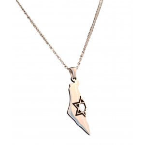 Silver Stainless Steel Pendant Necklace - Map of Israel with Half Star of David