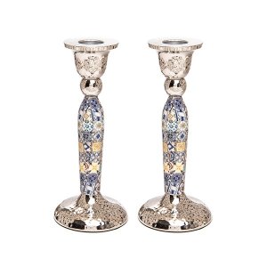 Yair Emanuel Hammered Stainless Steel Colorful Geometric Design Candlesticks