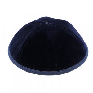 Dark Blue Velvet Kippah with Ribbon Border - 4 Sections