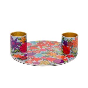 Yair Emanuel Small Candle Holders on Attached Tray - Colorful Flower Design
