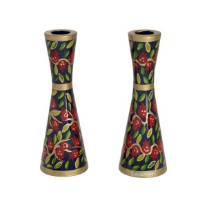 Yair Emanuel Medium Stainless Steel Medium Candlesticks - Red Pomegranates