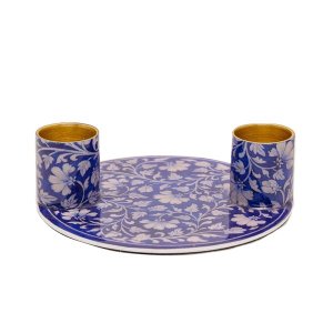 Yair Emanuel Small Candle Holders on Attached Tray - Silver Flowers on Blue