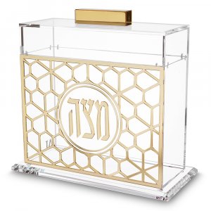 Clear Acrylic Passover Matzah Holder - With Gold Mesh Design