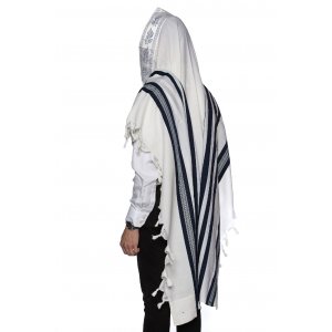 Yishtabach Praise Wool Tallit Non Slip Prayer Shawl - Dark Navy Stripes