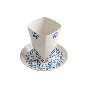 Israel Museum Square Ceramic Kiddush Cup and Plate - Blue Flowers