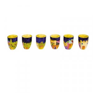 Yair Emanuel Hand Painted Wood Small Kiddush Cups Set, 6 Cups - Jerusalem
