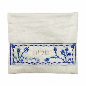 Yair Emanuel, Embroidered Tallit Tefillin Bags - Blue Pomegranates on Off-White (Sold Separately)