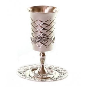 Silver Plated Kiddush Cup on Stem with Matching Plate - Diamond Design