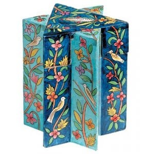 Yair Emanuel Star of David Wood Charity Tzedakah Box - Birds Floral, Blue