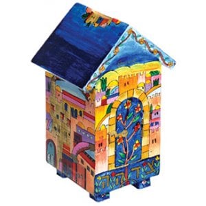 Yair Emanuel Colorful House-Shaped Wood Tzedakah Charity Box - Jerusalem