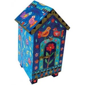 Yair Emanuel Blue House-Shaped Wood Tzedakah Charity Box - Birds & Flowers