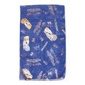 Womans Head Scarf Gold Jerusalem Images with Dove, Lion & Psalm Verse – Blue