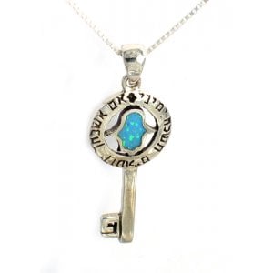 Silver and Opal Hamsa Key Pendant