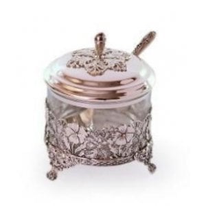 Silver Plated Honey or Sugar Dish with Cover and Spoon - Floral Design