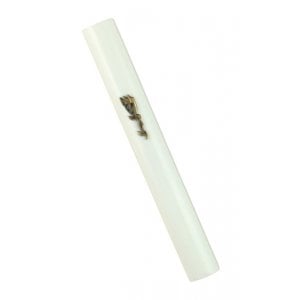 White Wood Rounded Mezuzah Case – Divine Name Decoration in Gold Pewter